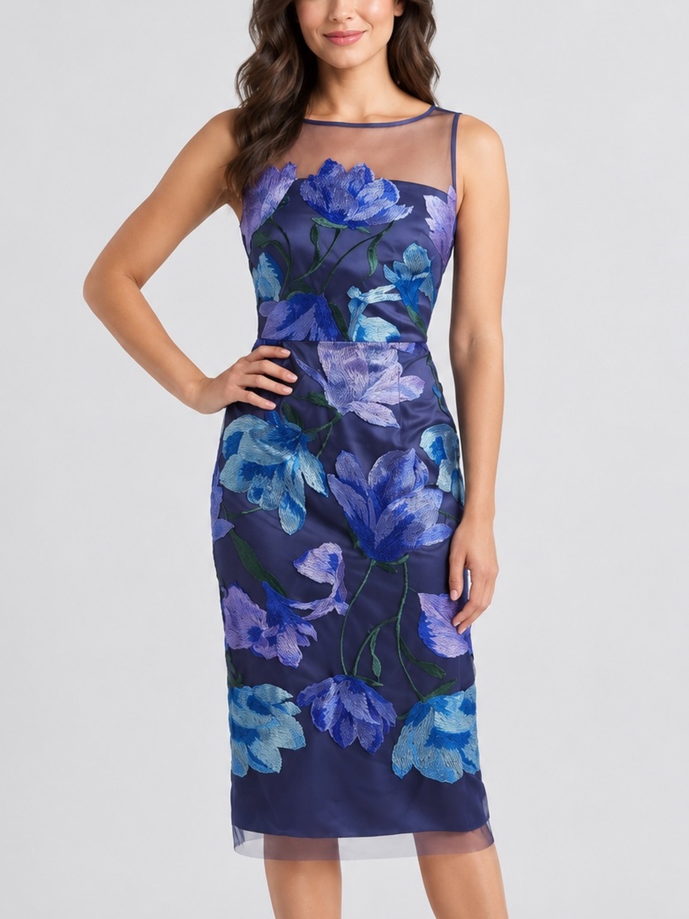 🆕🫐🦋🩵Eliza J Size 8 Navy Blue Floral Embroidered Mesh Illusion Sheath Midi Dress